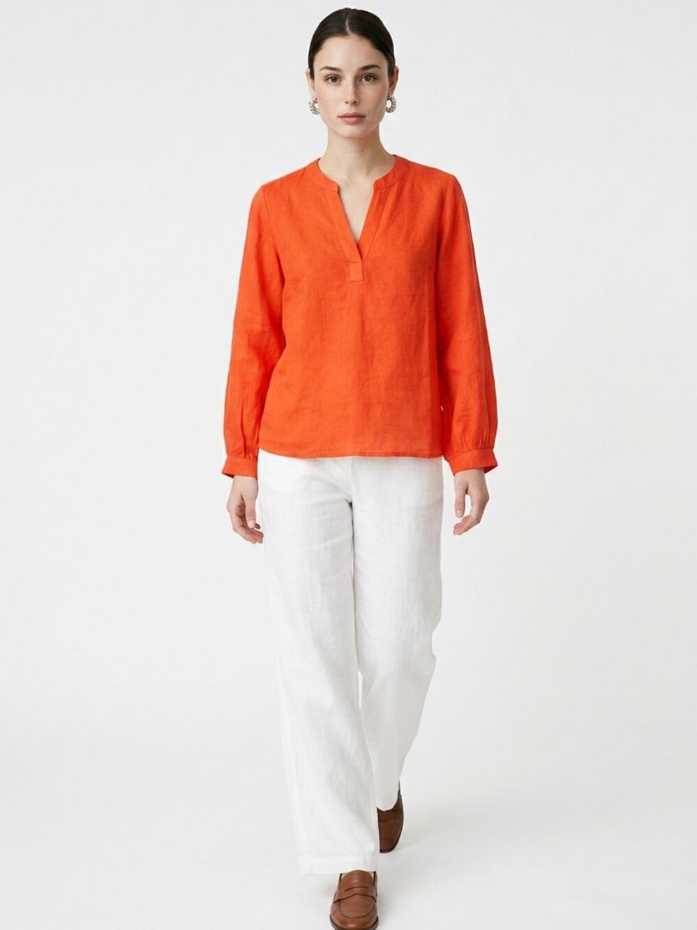 Boden Linen Long sleeve V Neck Gathered Cuff Pullover Women's 6 Orange Tunic top
